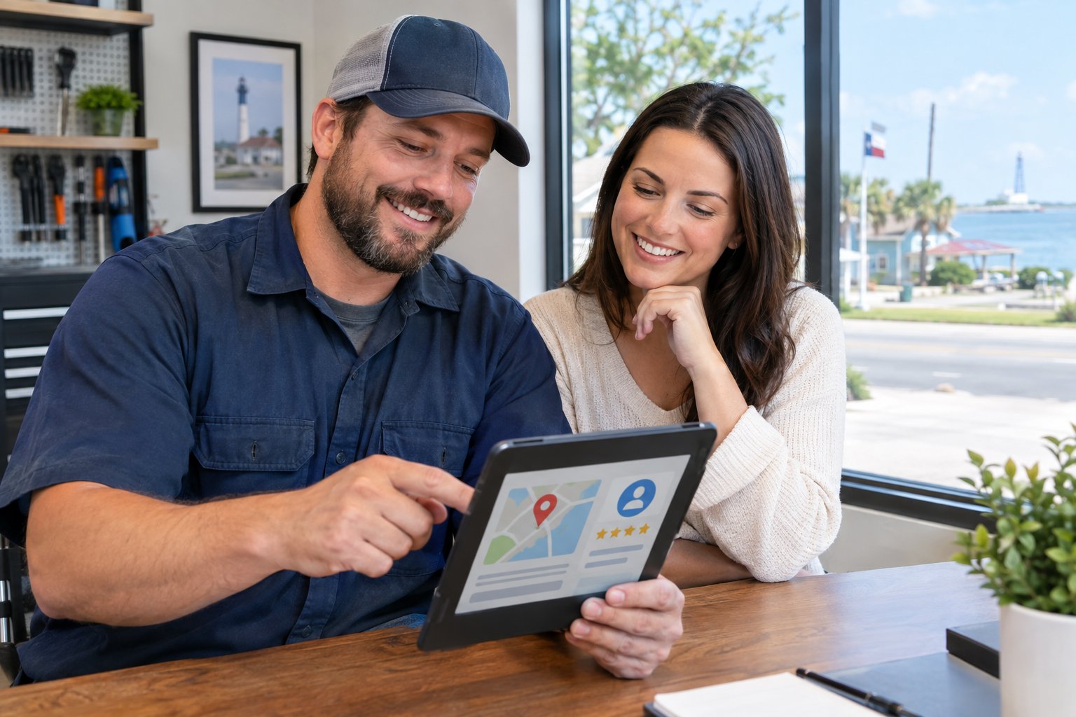 A local service business owner reviews a device with a satisfied customer.